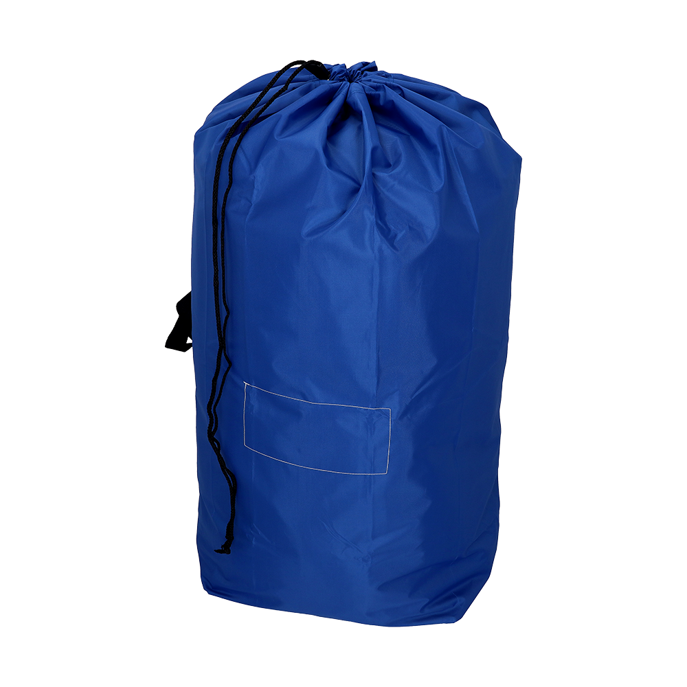 Der DEISS 6505 wiederverwendbarer Abfallsack (700x1100 mm, blau) von EMIL DEISS KG besitzt eine schwarze Kordel und eine rechteckige Fronttasche, fotografiert vor weißem Hintergrund.