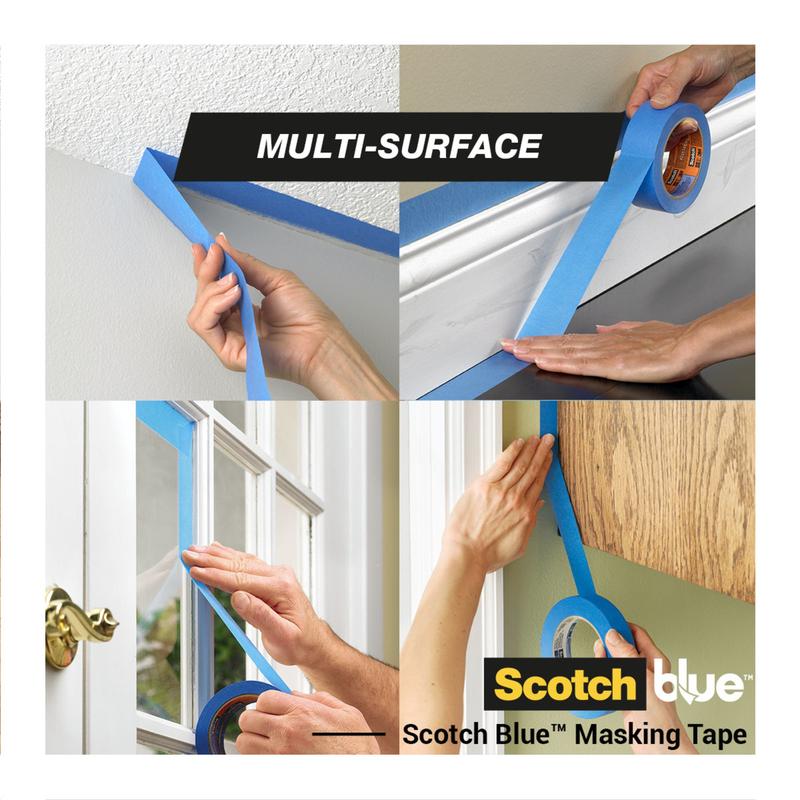 Fire billeder viser hænder, der anvender ScotchBlue™ malertape "Multi-Surface" fra 3M Deutschland GmbH på et struktureret loft, en fodliste, en vinduesramme og en malet væg. Teksten lyder "Multi-Surface" og "Scotch Blue Masking Tape".