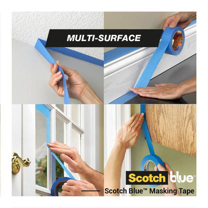 Fire billeder viser hænder, der anvender ScotchBlue™ malertape "Multi-Surface" fra 3M Deutschland GmbH på et struktureret loft, en fodliste, en vinduesramme og en malet væg. Teksten lyder "Multi-Surface" og "Scotch Blue Masking Tape".