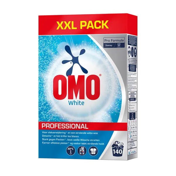 Forsidevisning af OMO Professional White fuldvaskemiddel XXL pakke (7 kg) fra Diversey Deutschland GmbH & Co. OHG, med branding og information; egnet som vaskemiddel til hvidt tøj til op til 140 vaske.