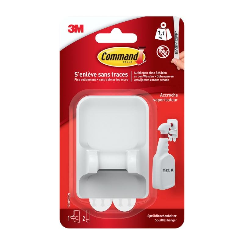 Den Command™ sprayflaskeholder 17009 fra 3M Deutschland GmbH præsenteres i en rød-hvid emballage med fransk tekst, et billede af en sprayflaske og reklamerer for denne pladsbesparende holder med klæbestrimler.