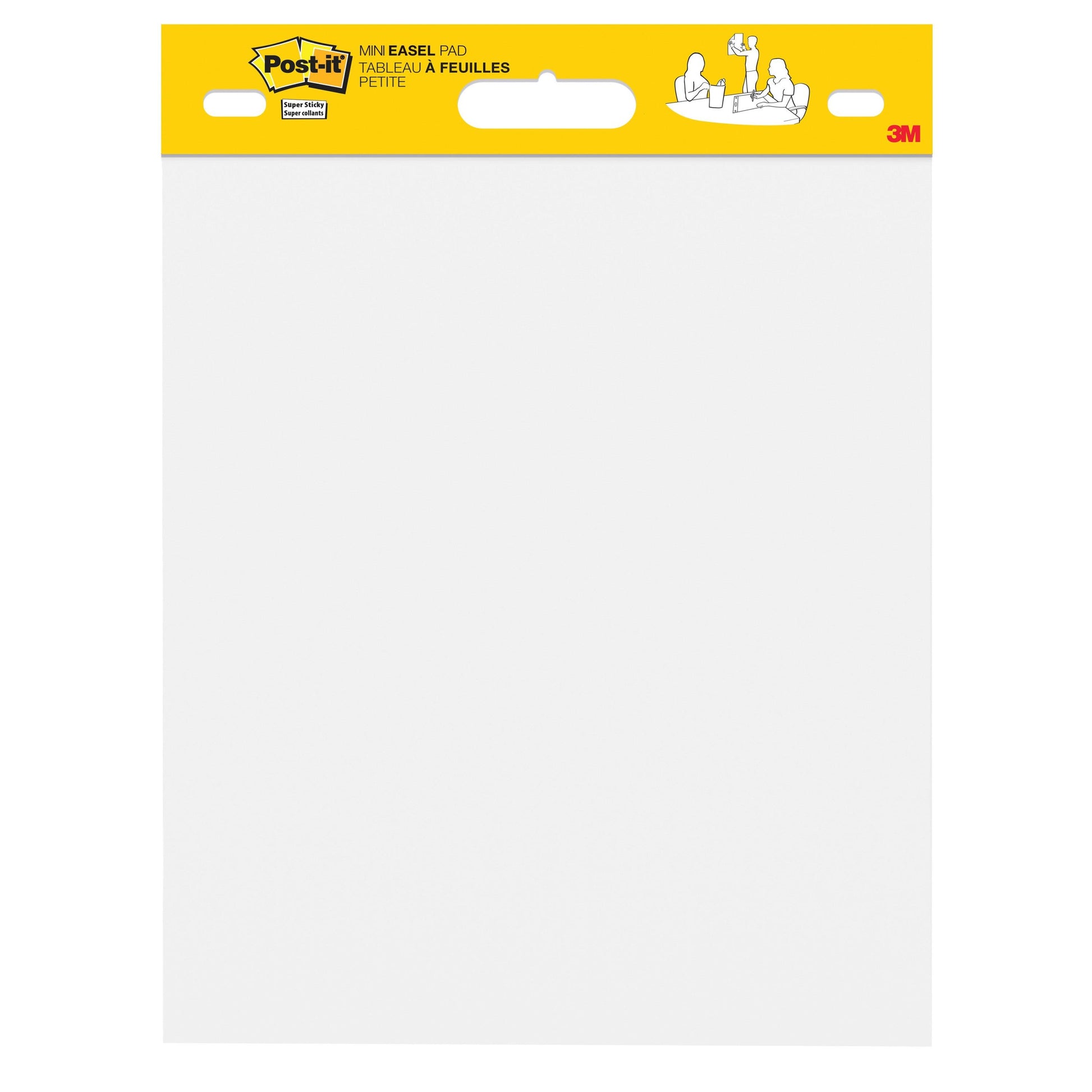 Eine leere Post-it® Super Sticky Mini Meeting Chart in Weiß (38x45,7 cm, 20 Blatt/Block) mit einer gelben Kopfzeile, auf der das Post-it-Logo, der englische und deutsche Produktname, das 3M-Logo und eine Meeting-Illustration abgebildet sind. 100% PEFC-zertifiziert.