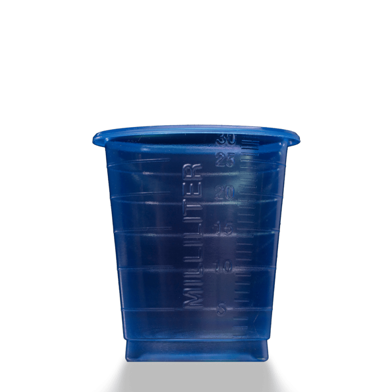 MED COMFORT ECO engangsmedicinkop 30 ml gradueret fra AMPri Handelsgesellschaft mbH er en blå plastikkop med klar 5-30 ml graduering, der er afbildet på en enkel hvid baggrund.