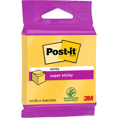 En pakke Post-it® Super Sticky Notes terning fra 3M Deutschland GmbH, 76 mm x 76 mm, mærket med 100% PEFC, indeholder 270 sedler og er gul og lilla med logoet for et fornybart råmateriale trykt på.