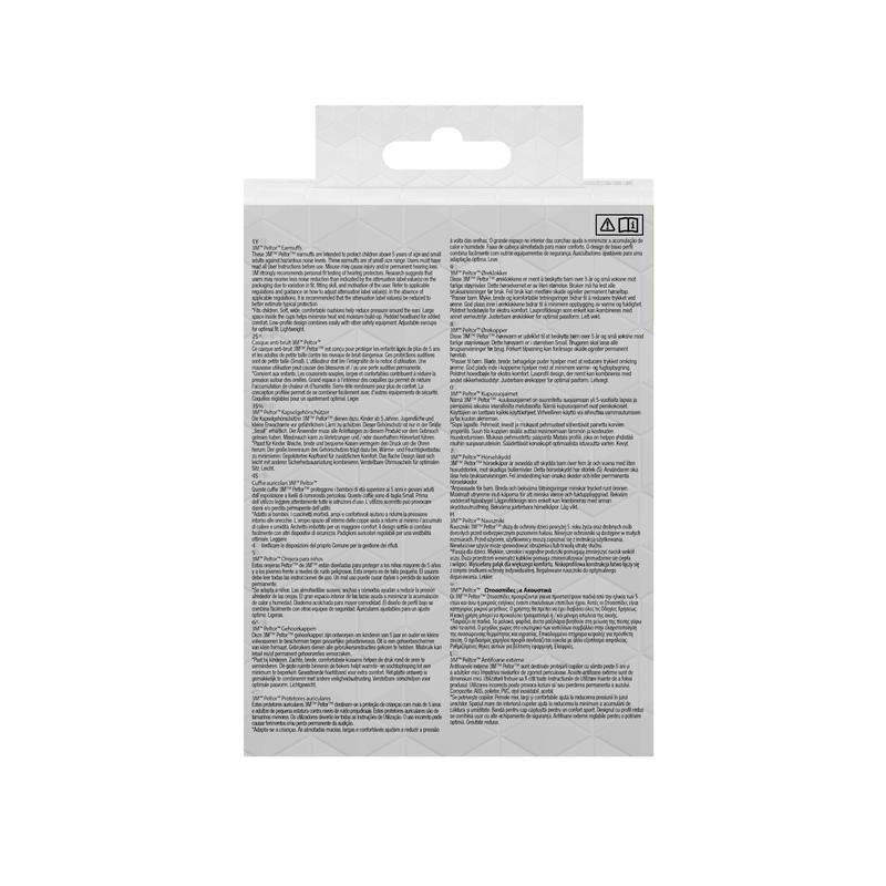 Billedet viser bagsiden af en 3M™ PELTOR™ kapselhøreværn til børn-emballage fra 3M Deutschland GmbH med instruktioner, advarsler og produktdetaljer på flere sprog på hvid baggrund med et diskret geometrisk mønster. Der er ingen branding eller produktnavn synligt.