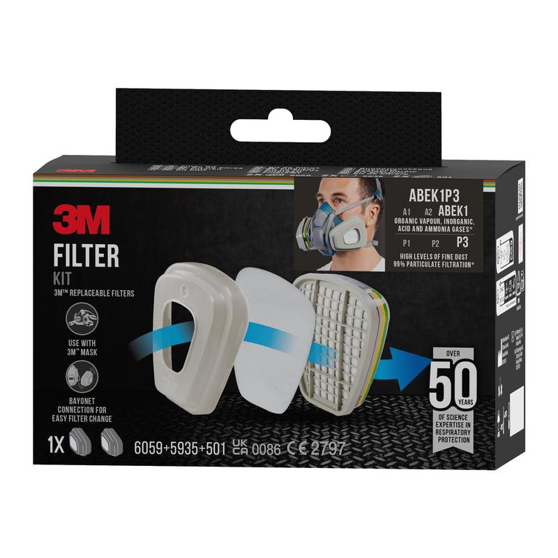 3M™ filtersæt 6004-1 boksen (fra 3M Deutschland GmbH) viser en åndedrætsmaske, ABEK1P3 kombinationsfilter (2x6059, 2x5935, 2x501), filterkuffert, kompatibilitet med 3M masker og understreger over 50 års åndedrætsværnkompetence.