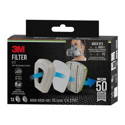 3M™ filtersæt 6004-1 boksen (fra 3M Deutschland GmbH) viser en åndedrætsmaske, ABEK1P3 kombinationsfilter (2x6059, 2x5935, 2x501), filterkuffert, kompatibilitet med 3M masker og understreger over 50 års åndedrætsværnkompetence.