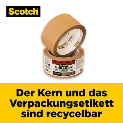 En rulle Scotch® Box Lock™ papir-emballagetape (48 mm x 22,8 m) fra 3M Deutschland GmbH er afbildet med synlig etiket. Teksten henviser til genanvendelig kerne og emballageetiket. Gul baggrund, Scotch-logo øverst til venstre.