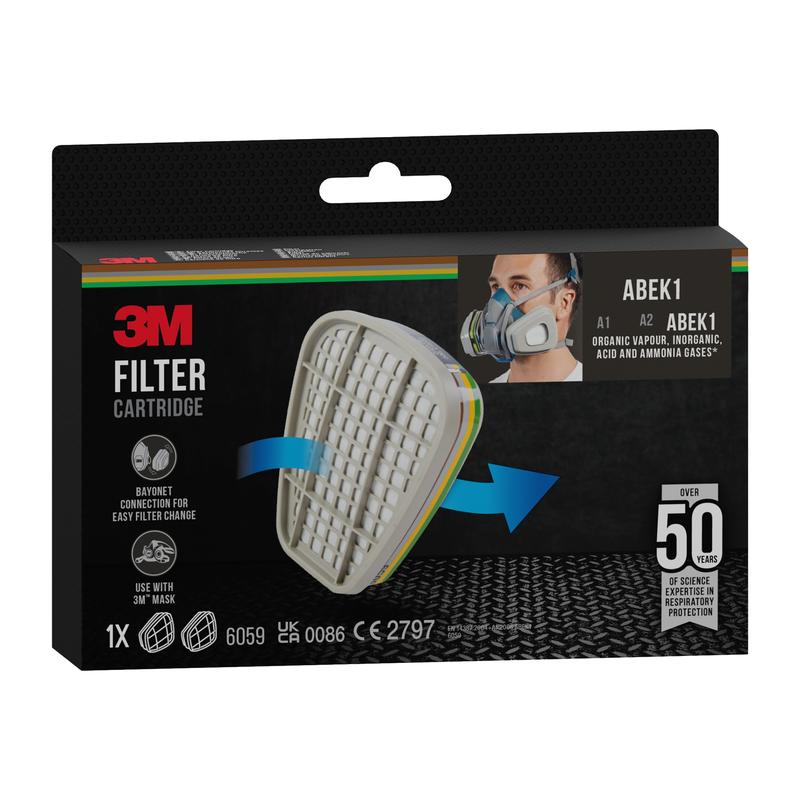 En sort æske med 3M™ filterpatron 6059, ABEK1-kombinationsfilter (1 par/pakke) fra 3M Deutschland GmbH viser et hvidt filter, en person med åndedrætsværn, maskekompatibilitet og beskyttelse mod organiske gasser og dampe.