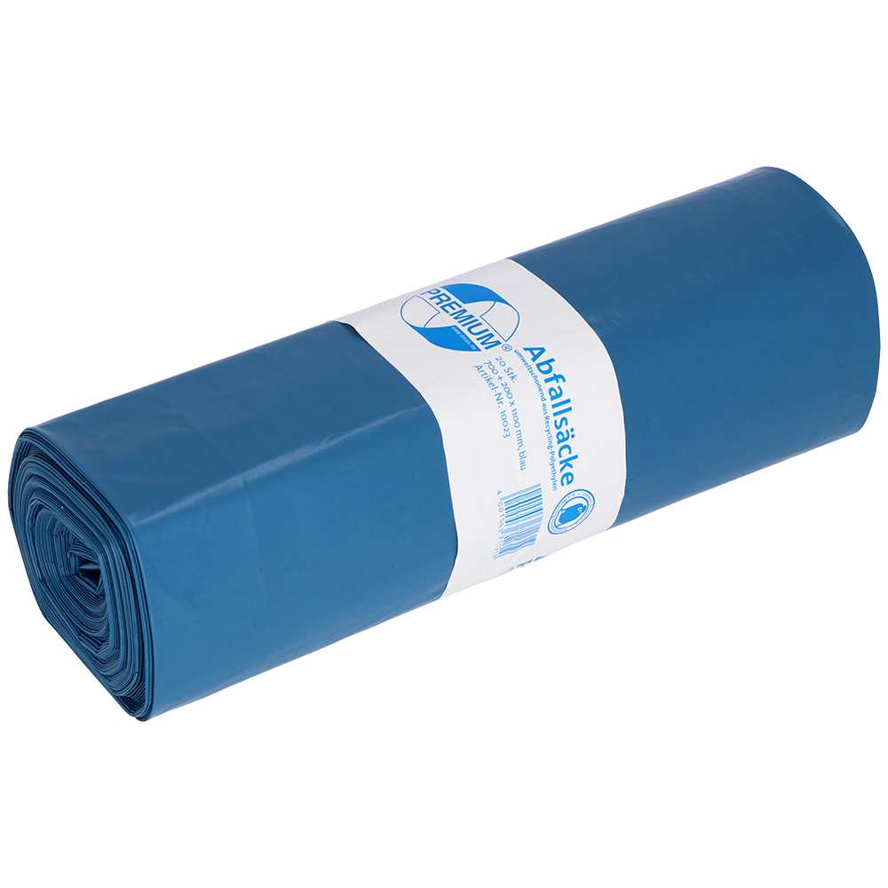 En blå rulle EMIL DEISS KG (GmbH + Co.) affaldsposer (DEISS 10023, 700+200x1100x0,06 mm) med en hvid-blå etiket med tekst og stregkode, indeholder 20 stykker pr. rulle.