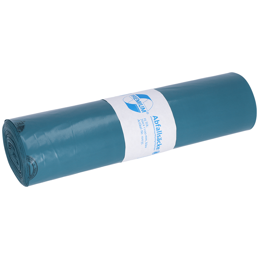 Afbildet er en rulle EMIL DEISS KG (GmbH + Co.) DEISS 10035 affaldsposer, blå, 700x1100x0,06 mm, 25 stykker pr. rulle, med en hvid etiket med tekst og logo på hvid baggrund.