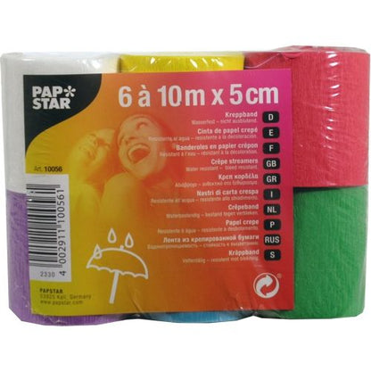 PAPSTAR crepebånd 10m x 5cm, farvesorteret (6 ruller: lilla, gul, orange, rød, grøn, hvid), vandtæt. Ideel til håndværksarbejde. Emballage med flersproget tekst og lille paraply-symbol.