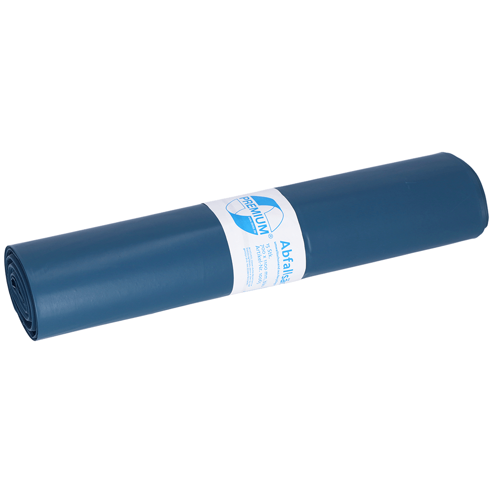 En oprullet DEISS PREMIUM affaldspose 120 liter blå fra EMIL DEISS KG (GmbH + Co.), 1.126 g/rulle, type 100, er forsynet med en hvid etiket med tekst og grafik. Hver rulle indeholder 15 poser.