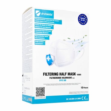 En æske med Mask Authority sp. z o.o. Virshields FFP2-maske VS005, 5-lags | 1 stk., viser et billede af en hvid maske med beskyttelsessymboler og en flersproget beskrivelse af egenskaberne; hver æske indeholder 10 stk.