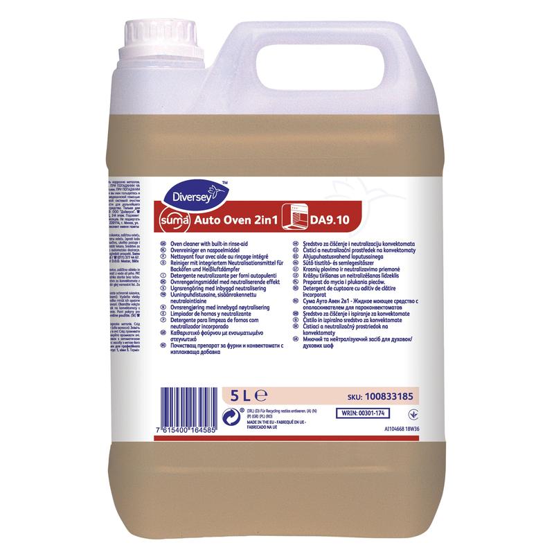 En 5-liters dunk fra Diversey Deutschland GmbH & Co. OHG Suma Auto Oven 2in1 DA9.1, kombinationsprodukt til automatisk konvektionsovn rengøring, er forsynet med en hvid-blå etiket, hvorpå produktdetaljer og instruktioner på flere sprog er angivet.