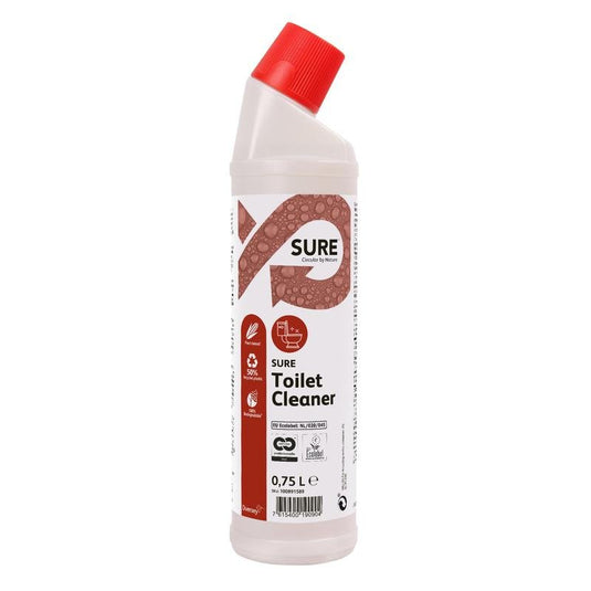 En 0,75 l hvid plastflaske med SURE Toilet Cleaner, toiletrens og urinalrens fra Diversey Deutschland GmbH & Co. OHG, med rød vinkellåg og rød-hvid etiket, sikrer en effektiv rengøring af toiletter og urinaler.