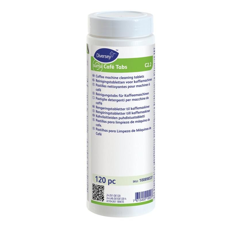 En hvid plastbeholder med Suma Café Tabs C2.2 rengøringstabletter til kaffemaskiner (120 stykker) fra Diversey Deutschland GmbH & Co. OHG til fjernelse af kaffeforlægninger er afbildet foran en hvid baggrund med flersproget mærkning.