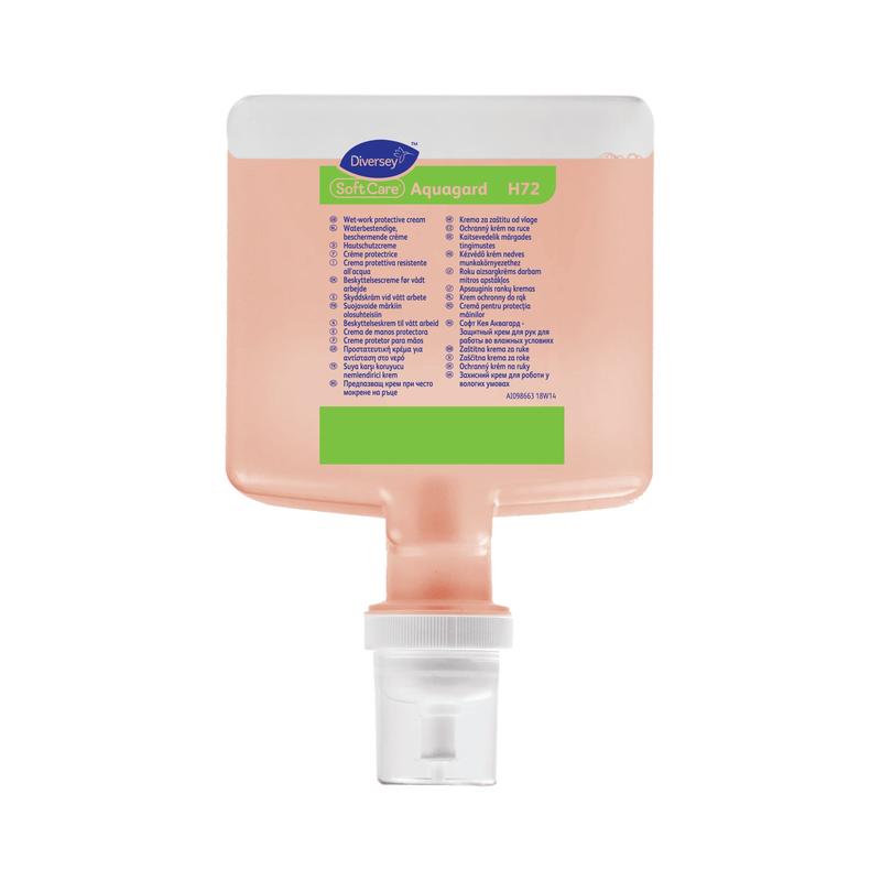 Die Soft Care Aquagard Hautschutzcreme Kartusche (1300 ml) von Diversey Deutschland hat eine rechteckige rosafarbene Nachfüllpackung mit weißer Kappe und blau-grünem Etikett, ideal für täglichen Gebrauch und äußeren Schutz, wie eine Hautschutzcreme.