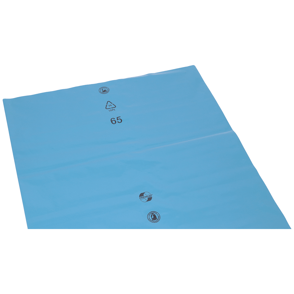 DEISS 10103 (700x1100x0,15 mm) fra EMIL DEISS KG er en blå, flad plastaffaldsdisponeringsfolie med 3 ventilåbninger og sorte trykte symboler (genbrugslogo, "LDPE", "65"), der ligner de blå affaldsposer. Pakket i kasser med 50 stykker.