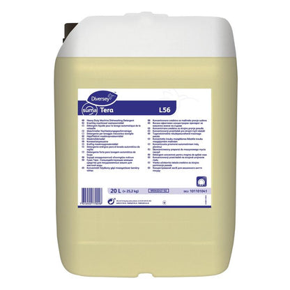 En 20-liters plastbeholder Diversey Suma Tera L56, et højkoncentreret opvaskemiddel til hårdt vand fra Diversey Deutschland GmbH & Co. OHG, med hvidt låg og håndtag samt flersprogede informationer på et hvid-blåt etiket.