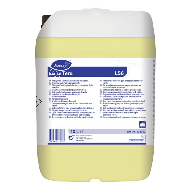 En 10-liters beholder Diversey Suma Tera L56, et højkoncentreret opvaskemiddel til hårdt vand fra Diversey Deutschland GmbH & Co. OHG, med hvidt kabinet, gul væske, blå-hvidt etiket og hvidt låg.