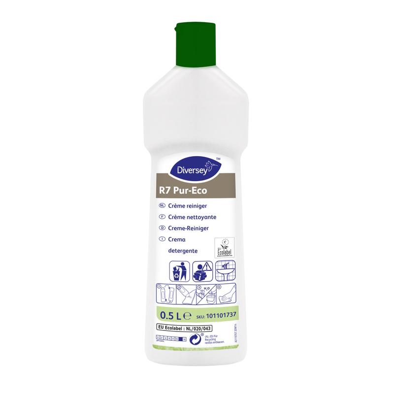 En hvid 500 ml flaske Diversey R7 Pur-Eco Creme-Rengøringsmiddel fra Diversey Deutschland GmbH & Co. OHG med grøn hætte, flersproget mærkning og miljøvenlig til hårde, vandfaste overflader.