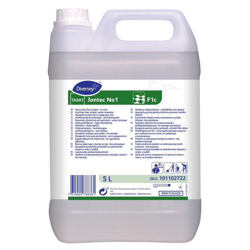 En 5-liters dunk af TASKI Jontec No1, en højtydende rengøringsmiddel til alle alkalibestandige gulvbelægninger fra Diversey Deutschland GmbH & Co. OHG, med hvidt skruelåg, greb, tosproget vejledning, grøn branding og SKU 101102722.
