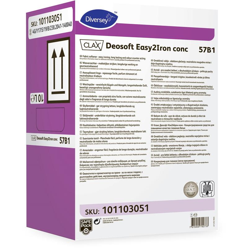 En hvid og violet rektangulær boks med teksten "Clax Deosoft Easy2Iron Conc 57B1" fra Diversey Deutschland GmbH & Co. OHG, SKU 101103051, indeholder flersprogede detaljer og symboler. Ideelt skyllemiddel med strygevenlige egenskaber til professionelle.