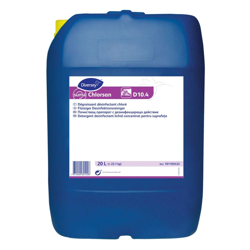 En stor blå 20-liters beholder med påskriften "Diversey Suma Chlorsan D10.4, desinfektionsmiddel med aktiv klor" fra Diversey Deutschland GmbH & Co. OHG; med flersproget etiket og produktdetaljer.