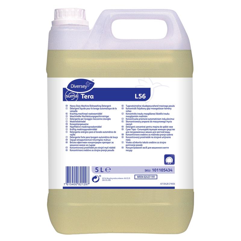 En 5-liters plastbeholder Diversey Suma Tera L56, højkoncentreret opvaskemiddel til hårdt vand fra Diversey Deutschland GmbH & Co. OHG, med hvid-blåt etiket med flersprogede produktinformationer og instruktioner.