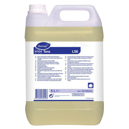 En 5-liters plastbeholder Diversey Suma Tera L56, højkoncentreret opvaskemiddel til hårdt vand fra Diversey Deutschland GmbH & Co. OHG, med hvid-blåt etiket med flersprogede produktinformationer og instruktioner.