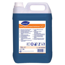 Ein 5-Liter-Kunststoffbehälter mit TASKI Sprint Impact Performer, universeller Kraftreiniger von Diversey Deutschland GmbH & Co. OHG, mit einem blauen Etikett mit detaillierten Eigenschaften und Sicherheitsinformationen in mehreren Sprachen.