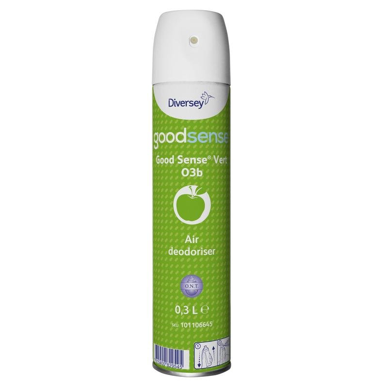 En 300-mL dåse Diversey Good Sense Vert rumduft-spray og lugtneutralisator fra Diversey Deutschland GmbH & Co. OHG, med grøn etiket med æblesymbol, hvid spraydyse og trykt produktinformation på forsiden.