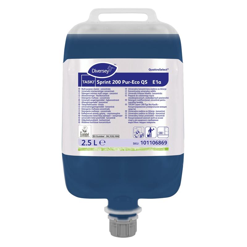Ein 2,5-Liter-Behälter Diversey TASKI Sprint 200 Pur-Eco, ein neutraler, streifenfreier Oberflächenreiniger mit EU-Umweltzeichen von Diversey Deutschland GmbH & Co. OHG; blaue Flüssigkeit, mehrsprachiges Etikett, graue Dosierkappe am Boden.