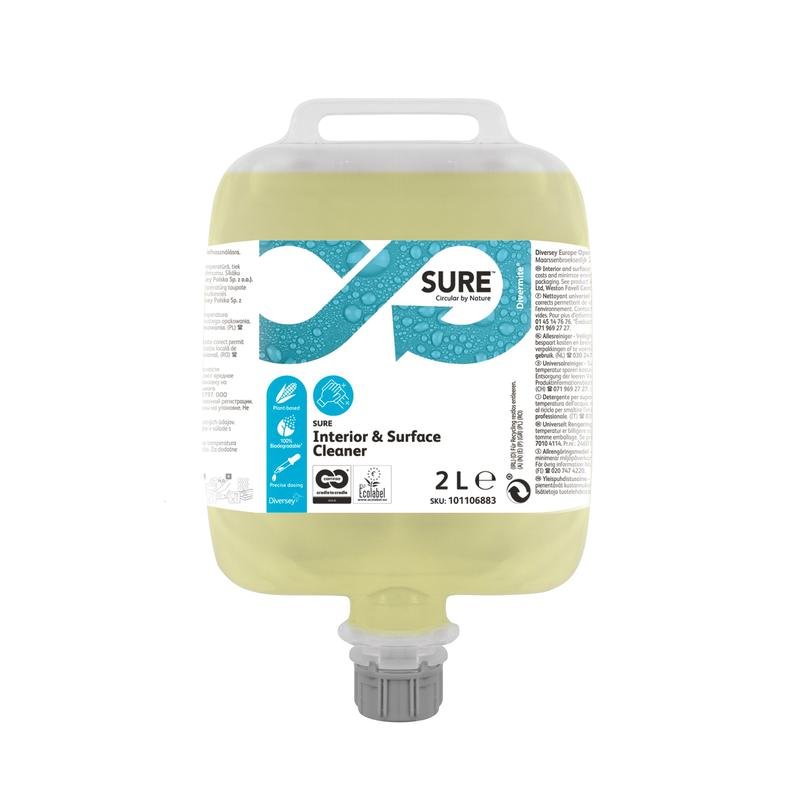 En 2-liters SURE Interior & Surface Cleaner (universalrengøringsmiddel) fra Diversey Deutschland GmbH & Co. OHG med hældetud og hvid-blå etiket med produktdetaljer, certificeringer og anvendelsesinformationer.