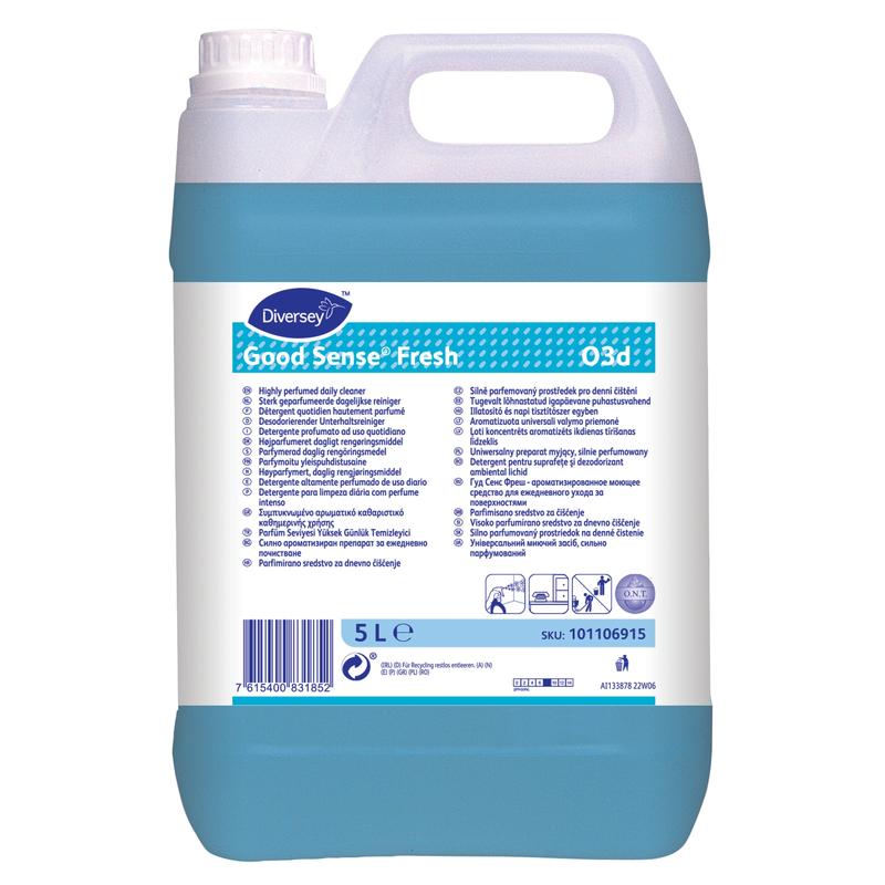 En 5-liters dunk fra Diversey Deutschland GmbH & Co. OHG Good Sense Fresh, højparfumeret universalrengøringsmiddel med O.N.T. teknologi, med blå væske og en flersproget etiket med produktoplysninger, anvendelses- og sikkerhedsanvisninger.