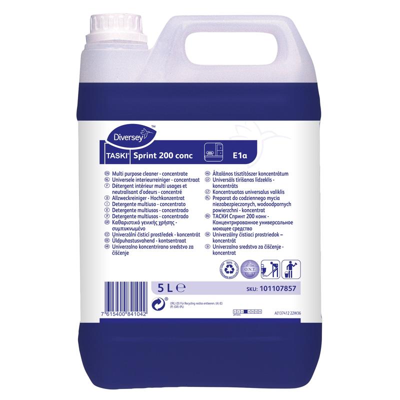 En 5-liters plastbeholder med TASKI Sprint 200 conc alkoholrenser højkoncentrat fra Diversey Deutschland GmbH & Co. OHG, med en blå-hvid flersproget etiket og et bærehåndtag øverst.