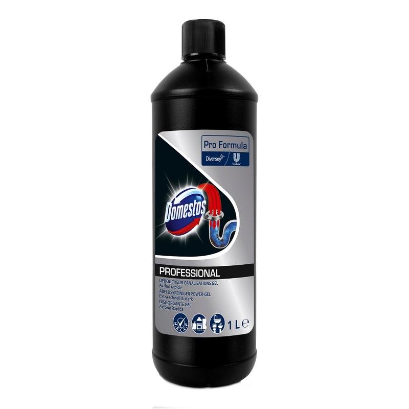 En sort 1-liters flaske DOMESTOS Professional afløbsrens Power-Gel fra Diversey Deutschland GmbH & Co. OHG med blå-sølv etiket - ideel som en kraftfuld afløbsrens (rørfri) til effektiv fjernelse af tilstopninger.