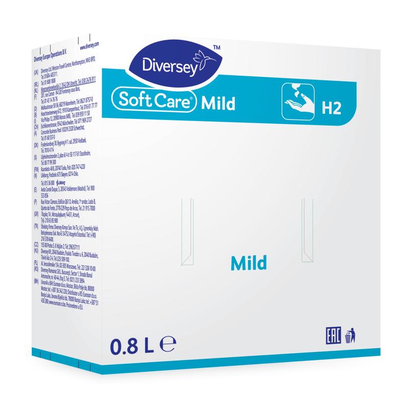 En hvid-blå æske med påskriften "Diversey Soft Care Mild" (800 ml) fra Diversey Deutschland GmbH & Co. OHG viser et håndvaskesymbol og reklamerer for den milde sæbelotion til håndvask.