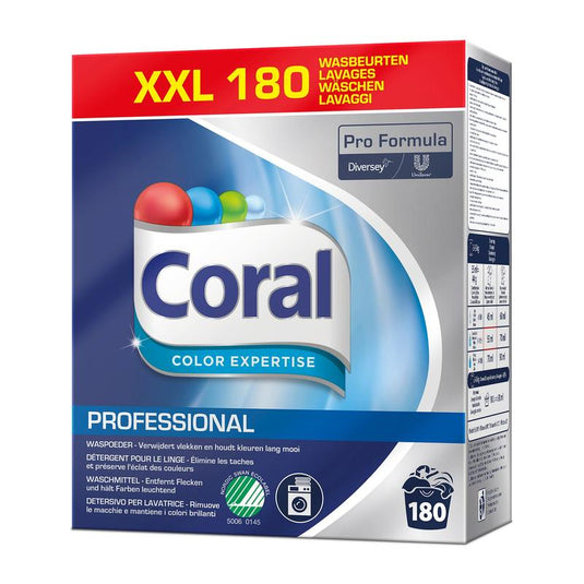 En dåse Coral Professional Color Expertise farvevaskemiddel (180 vaske, 8 kg pulver) fra Diversey Deutschland GmbH & Co. OHG med Pro Formula-branding og blåt design, der beskytter farver og fibre og sikrer strålende farver.