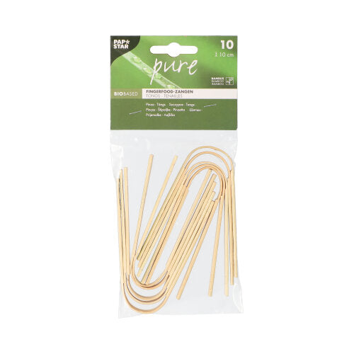 I en gennemsigtig plastikemballage er der 10 PAPSTAR fingerfood-tænger af bambus (10 cm), ideel til snacks. På toppen er der en grøn-hvid etiket med mærket PAPSTAR GmbH og produktinformationer på flere sprog - perfekt til fester.