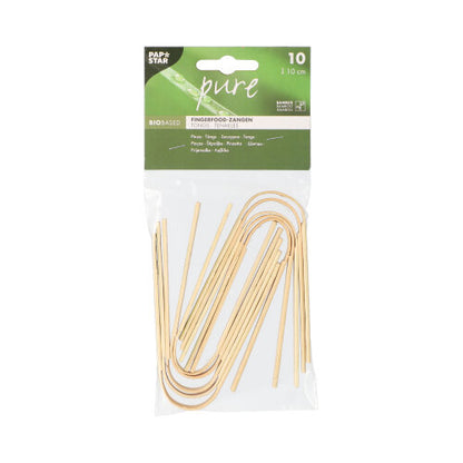 I en gennemsigtig plastikemballage er der 10 PAPSTAR fingerfood-tænger af bambus (10 cm), ideel til snacks. På toppen er der en grøn-hvid etiket med mærket PAPSTAR GmbH og produktinformationer på flere sprog - perfekt til fester.