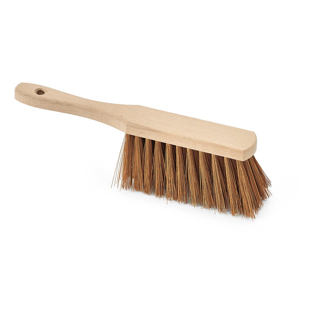 Den Nölle Profi Brush industrielle håndkost, 28 cm poly-kokos med ophængshul fra Nölle Profi Brush børste- & penselteknik e.K., har stive brune børster og et lyst træskaft, fotograferet på hvid baggrund.