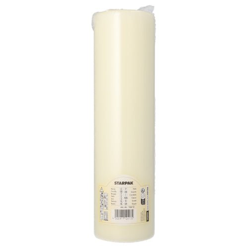 Et PAPSTAR bloklys med flad top Ø 80 mm i elfenben fra PAPSTAR GmbH står oprejst og har et fladt design, en produktetiket nær bunden og en synlig væge på toppen.