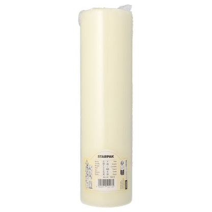 Et PAPSTAR bloklys med flad top Ø 80 mm i elfenben fra PAPSTAR GmbH står oprejst og har et fladt design, en produktetiket nær bunden og en synlig væge på toppen.