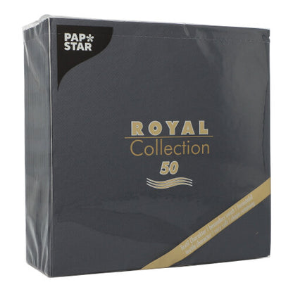 Afbildet er en 50-pak PAPSTAR GmbH servietter "ROYAL Collection" 1/4-fold, 40 x 40 cm i sort, med sorte servietter i plastikemballage med elegant guld-hvid skrift.