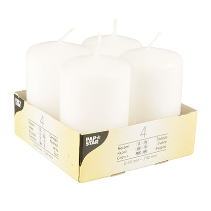 En pakke med fire Starpak „Ivory“ bloklys (Ø 50 mm, 80 mm, flad top) lavet af højkvalitetsvoks, arrangeret i en kartonholder med produktinformation og Starpak-logoet på etiketten.