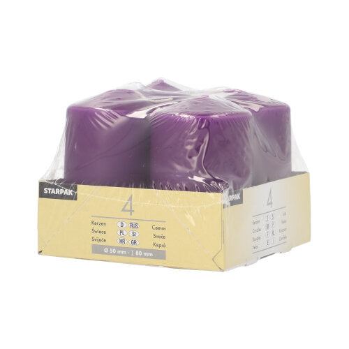 Fire elfenbensfarvede Starpak bloklys (Ø 50 mm, 80 mm, flad top) er pakket i gennemsigtig plastik og forsynet med en beige-hvid etiket, der viser mærket Starpak og lysdetaljer. De er lavet af højkvalitetsvoks for langvarig kvalitet.