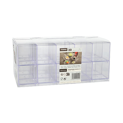 Die Starpak 30 Fingerfood-Schalen sind eine glasklare Polystyrol (PS)-Box mit zehn quadratischen Fächern, einem transparenten Klappdeckel und einer Beschriftung für 30 Stück. Jedes Fach fasst 55 ml und misst 4,7 x 4,2 x 4,2 cm.