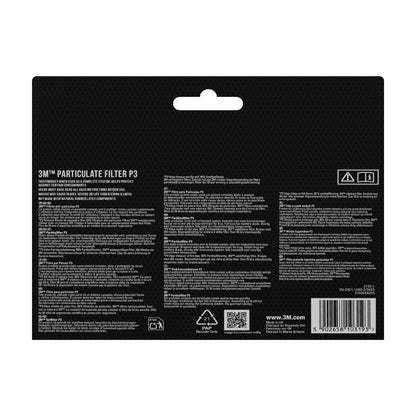 Rückansicht der 3M™ Cool Flow™ Partikelmaske 9928 für Schweißarbeiten (1 Stück) von 3M Deutschland GmbH - zeigt Informationen, Anweisungen, Warnhinweise, Barcodes und Herstellerangaben in mehreren Sprachen auf schwarzem Hintergrund.